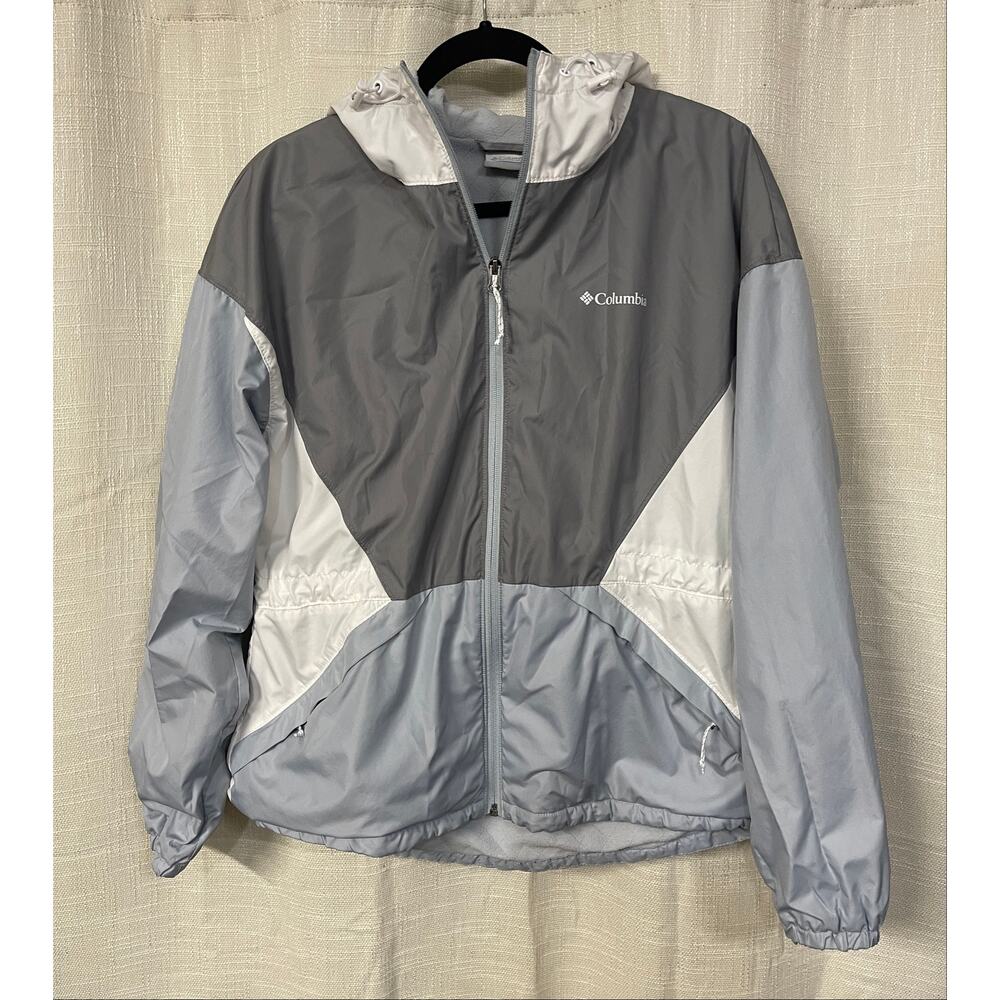 Columbia Light Grey White Grey Blue Full Zip Fleece Lined Jacket Adult Size Med